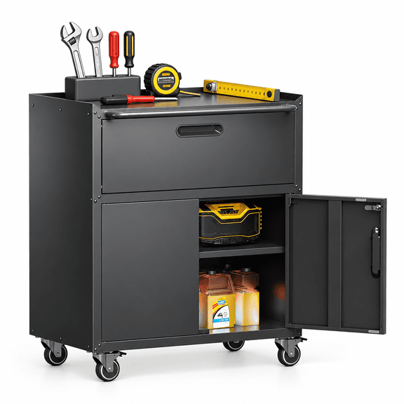 IKIMI Rolling Garage Cabinet with Drawer, Locking Metal Storage Cabinet with Wheels and Adjustable Shelf, Black