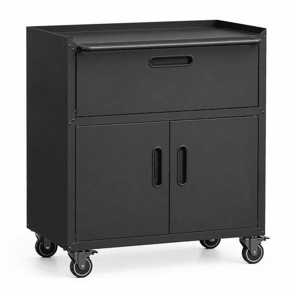 IKIMI Rolling Tool Cabinet with Drawer and Lockable Doors, Metal Garage Storage Cabinet with Wheels and Adjustable Shelf, Black