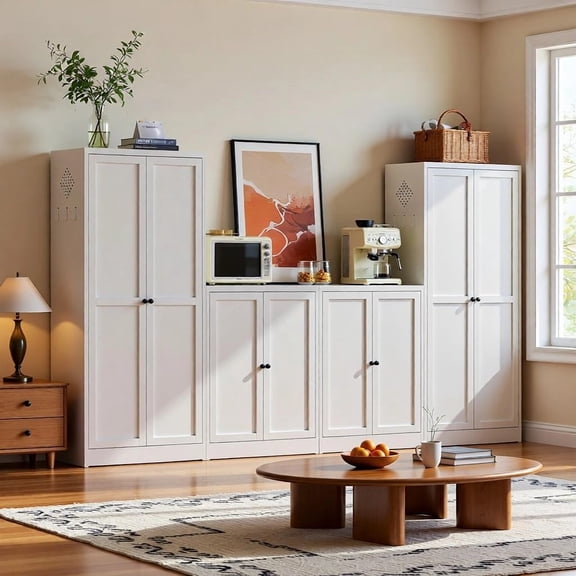 IKIMI Kitchen Pantry Cabinet Set of 4, Metal Buffet Sideboard Coffee Bar Modular Storage Cabinets with Adjustable Shelves for Dining Room, Living Room, White