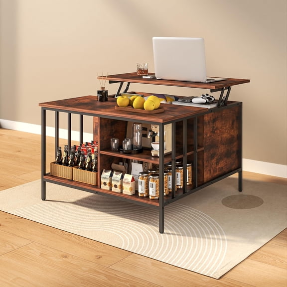 IKIMI Lift Top Coffee Table with Storage, Farmhouse Rustic Lift Tabletop, Square Coffee Tables with Hidden Compartment, Dining Table with Opening Drawers & Shelf for Living Room, Assemble Required