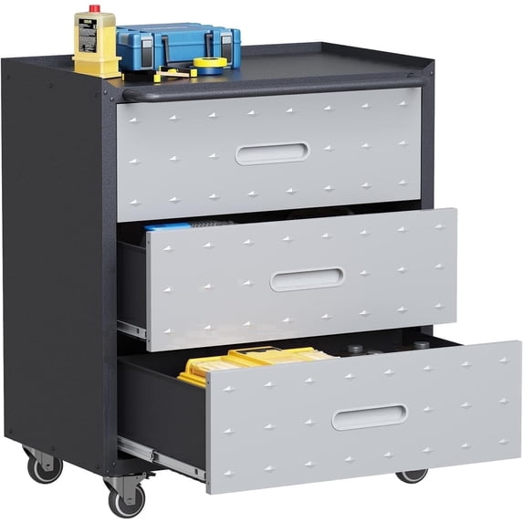 IKIMI 3-Drawer Rolling Tool Cabinet with Lock, Metal Garage Tool Chest with Wheels and Worktop, Gray
