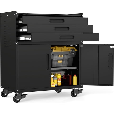 IKIMI Metal Garage Storage Cabinet with Wheels, Lockable Rolling Tool Cabinet with 2 Pegboard and 10 Hook for Workshop, Basement, Warehouse