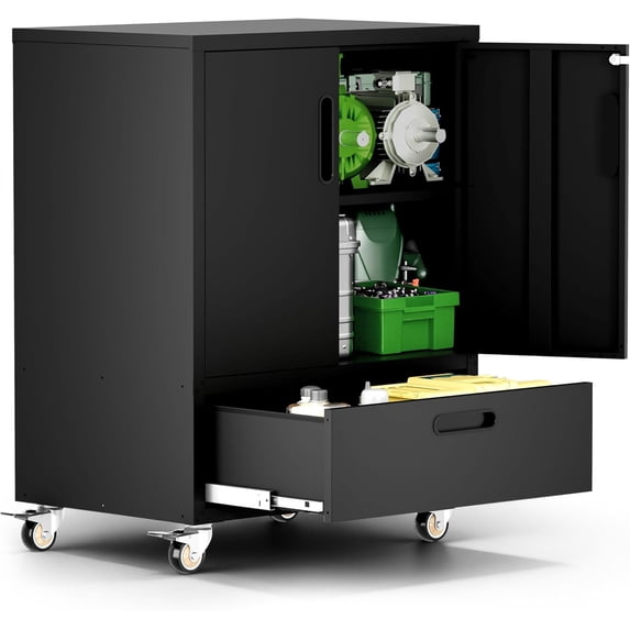 IKIMI Metal Garage Storage Cabinet with Wheels, Lockable Rolling Tool Cabinet with Drawer and Adjustable Shelves for Home Office Utility Room