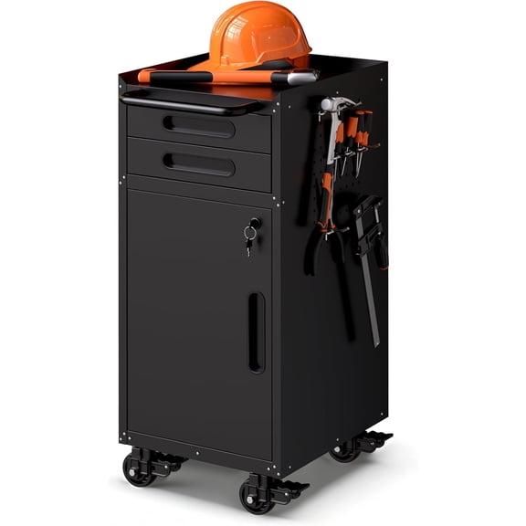 IKIMI Metal Garage Storage Cabinet with Wheels, Rolling Tool Cabinet with 2 Pegboard and 10 Hook for Workshop, Basement, Warehouse