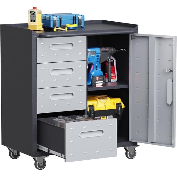 IKIMI 34.65" Metal Rolling Tool Storage Cabinet with 4 Drawers & 1 Lockable Door, Mobile Tool Cart with Adjustable Shelf for Workshop/Garage, Black & Gray