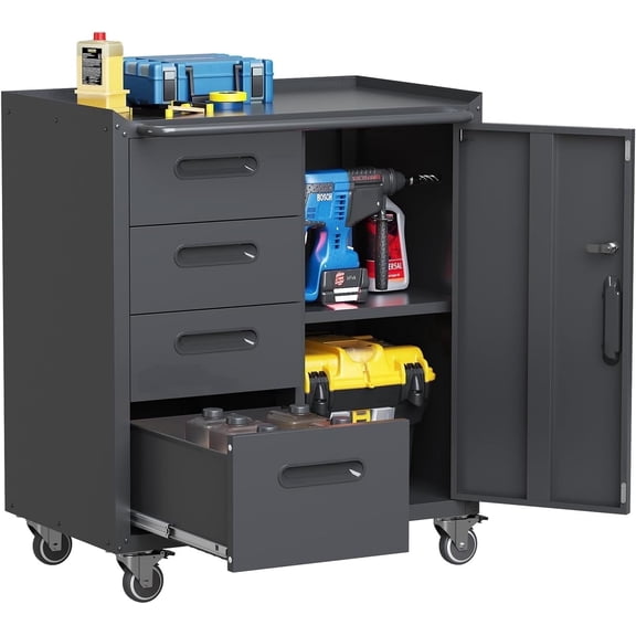 IKIMI 34.65" Metal Rolling Tool Storage Cabinet with 4 Drawers & 1 Lockable Door, Mobile Tool Cart with Adjustable Shelf for Workshop/Garage, Black