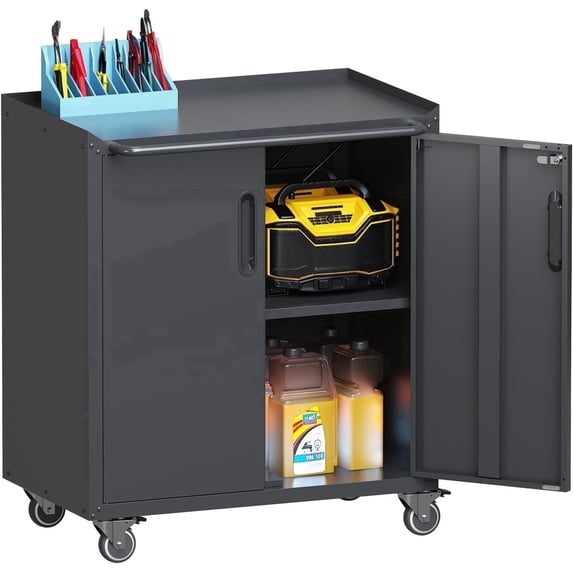 IKIMI 34.65"H Metal Storage Cabinet with Wheels, Rolling Garage Tool Cabinet with Lockable Doors and Adjustable Shelves, Heavy Duty Steel Organizer for Office & Warehouse, Black