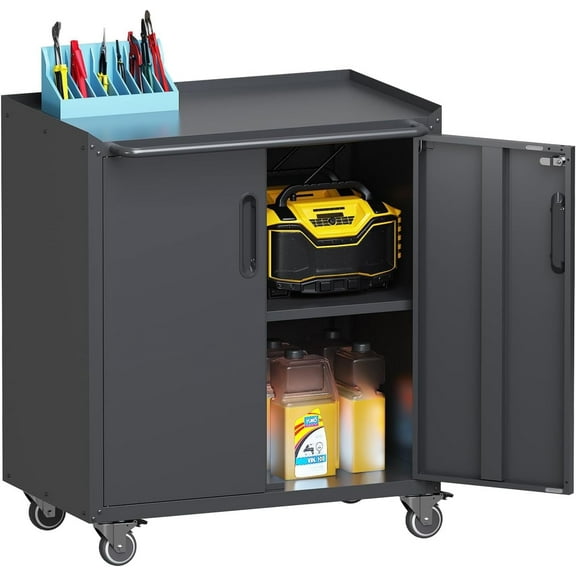 IKIMI Metal Storage Cabinet with Wheels Rolling Tool Cabinets with Adjustale Shelves Garage Cabinet with Lock,Assembly Required