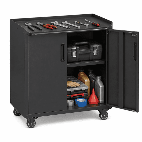 IKIMI Metal Garage Storage Cabinet with Wheels & Locking Doors, Rolling Tool Cabinet with Adjustable Shelf for Garage/Warehouse , Black