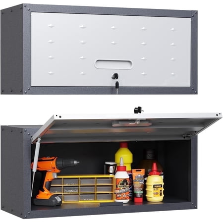 IKIMI Metal Garage Cabinet with Up-Flip Door, Lockable Wall Mounted Storage Cabinet for Garage, Basement, Utility Room, Black&Gray