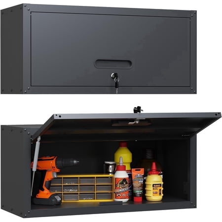 IKIMI Metal Garage Cabinet with Up-Flip Door, Lockable Wall Mounted Storage Cabinet for Garage, Basement, Utility Room, Black