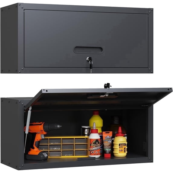 IKIMI Metal Garage Cabinet with Up-Flip Door, Lockable Wall Mounted Storage Cabinet for Garage, Basement, Utility Room, Black