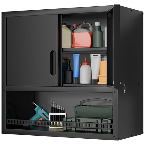 IKIMI 30" H Wall Mounted Metal Garage Cabinet with Lockable Doors and Open Shelf, Black