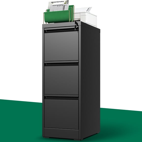IKIMI 3 Drawer File Cabinet, Steel File Cabinets for Home Office with Lock, Office File Storage Cabinet, Metal Vertical Filing Cabinets for Letter/Legal/A4 File,Assembly Require-Black