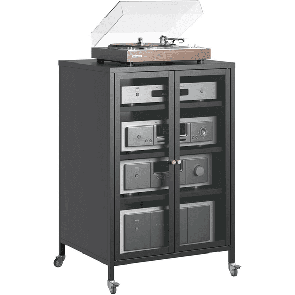IKIMI Stereo Cabinet, Metal Media Storage Cabinet with Glass Doors, Audio-Video Media Stand with 4 Adjustable Shelves, AV Stand for Meeting, Living, Recording Room, Require Assembly, Black