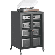IKIMI Stereo Cabinet, Metal Media Storage Cabinet with Glass Doors, Audio-Video Media Stand with 4 Adjustable Shelves, AV Stand for Meeting, Living, Recording Room, Require Assembly, Black