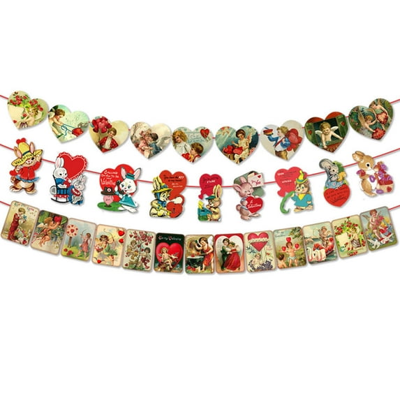 IKOMMI 3PCS Vintage Valentine's Day Decorations Retro Banner Hanging Valentine Heart Card Decor Garland With Ropes For Home Wall Fireplace Decor Anniversary Party Supplies
