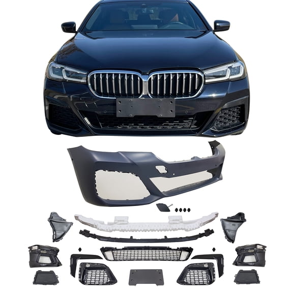 IKON MOTORSPORTSFront Bumper Cover, Compatible with2021-2023 BMW G30 5-Series 530e/530i/540i/550i/M5/M550i, M-Tech/M Sport Style Unpainted Black PP Replacement Bumper Conversion Bodykit w/ Grille