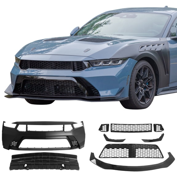 IKON MOTORSPORTSFront Bumper Cover, Compatible with2024-2026 Ford Mustang Dark Horse/EcoBoost/GT, GTD Style Unpainted Black PP Replacement Bumper Conversion Bodykit with Gloss Black Lip and Canards