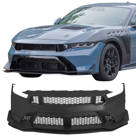 IKON MOTORSPORTSFront Bumper Cover, Compatible with2024-2026 Ford Mustang Dark Horse/EcoBoost/GT, GTD Style Unpainted Black PP Replacement Bumper Conversion Bodykit with Matte Black Lip and Canards