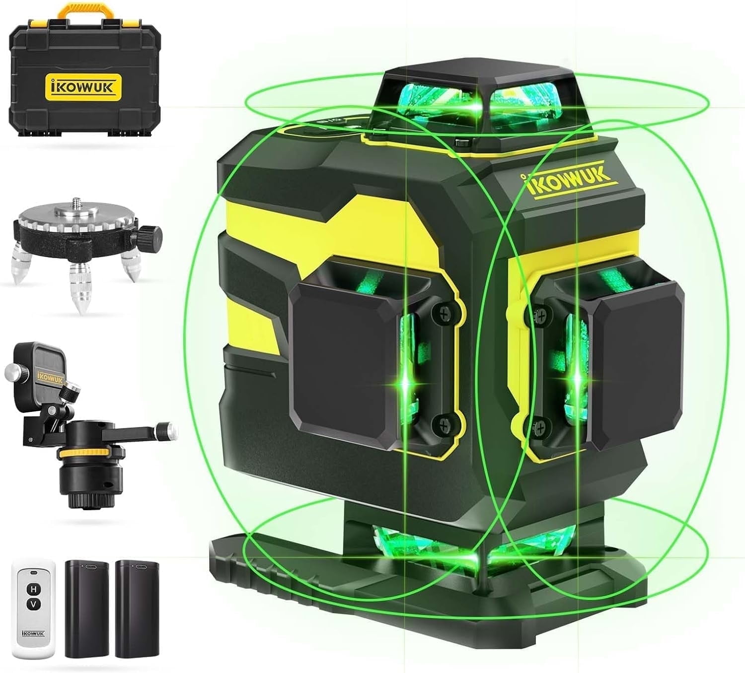 IKOVWUK 4x360° Laser Level Pro Kit, Self-leveling Tool for Construction, Tiling Floor & Picture Hanging, 4D Cross Line Laser Level with Fine-tuning Bracket, 16 Lines Laser level with 2*4.0Ah Battery