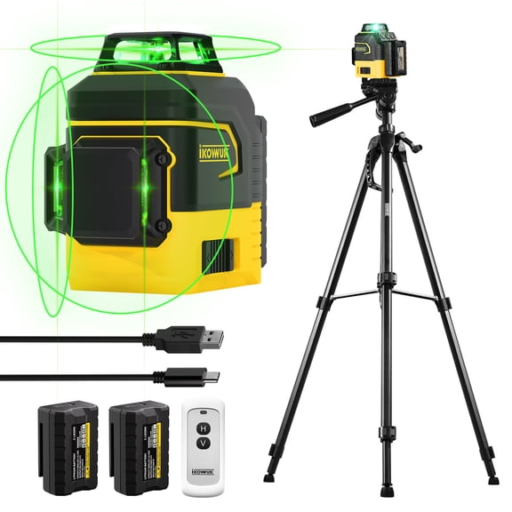 3x360 Green Laser Level, Self-Leveling 12-Line Laser Tool, Includes 2x 3000mAh Rechargeable Batteries & Type-C Charging, Carry Pouch