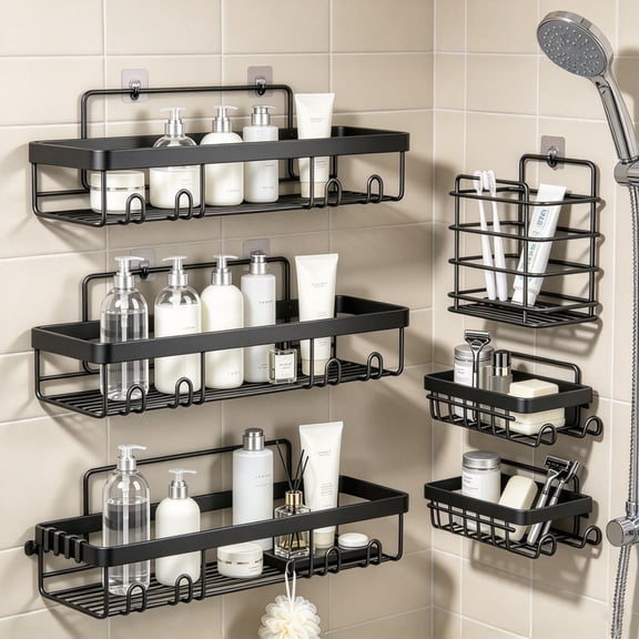 IKPYTREE Adhesive Shower Caddy 6 Pack, Stainless Steel Wall Mount Organizer for Bathroom with Rustproof Coating, Black