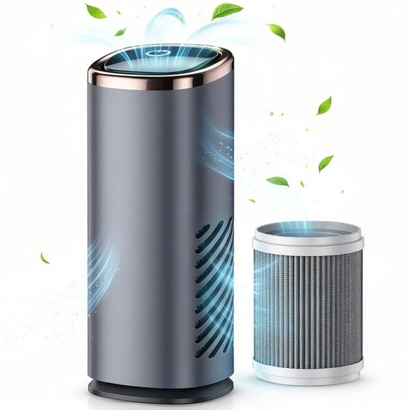 IKPYTREE Mini Portable Car Air Purifier with HEPA Filter and Aroma Box, 3-Speed USB Fan Air Circulator for Vehicle Home Office, Grey