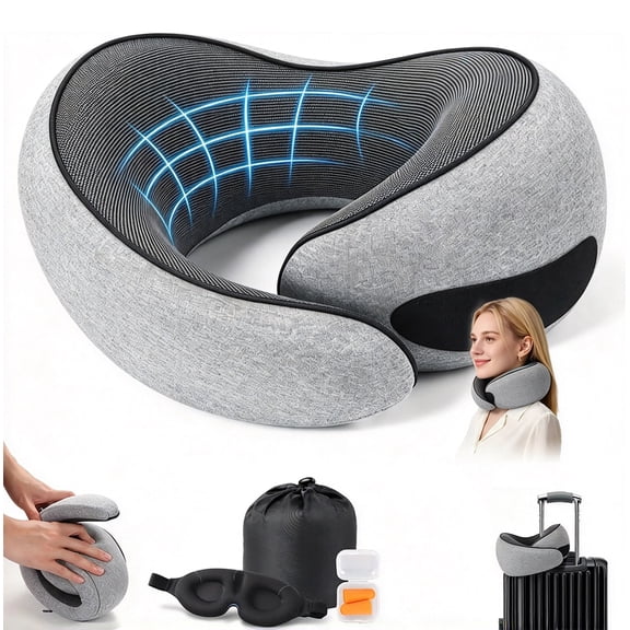 IKPYTREE Unbranded Memory Foam Travel Neck Pillow, G-Shape Ergonomic Support for Airplane Car and Office, Includes Eye Mask and Ear Plugs, Medium Gray