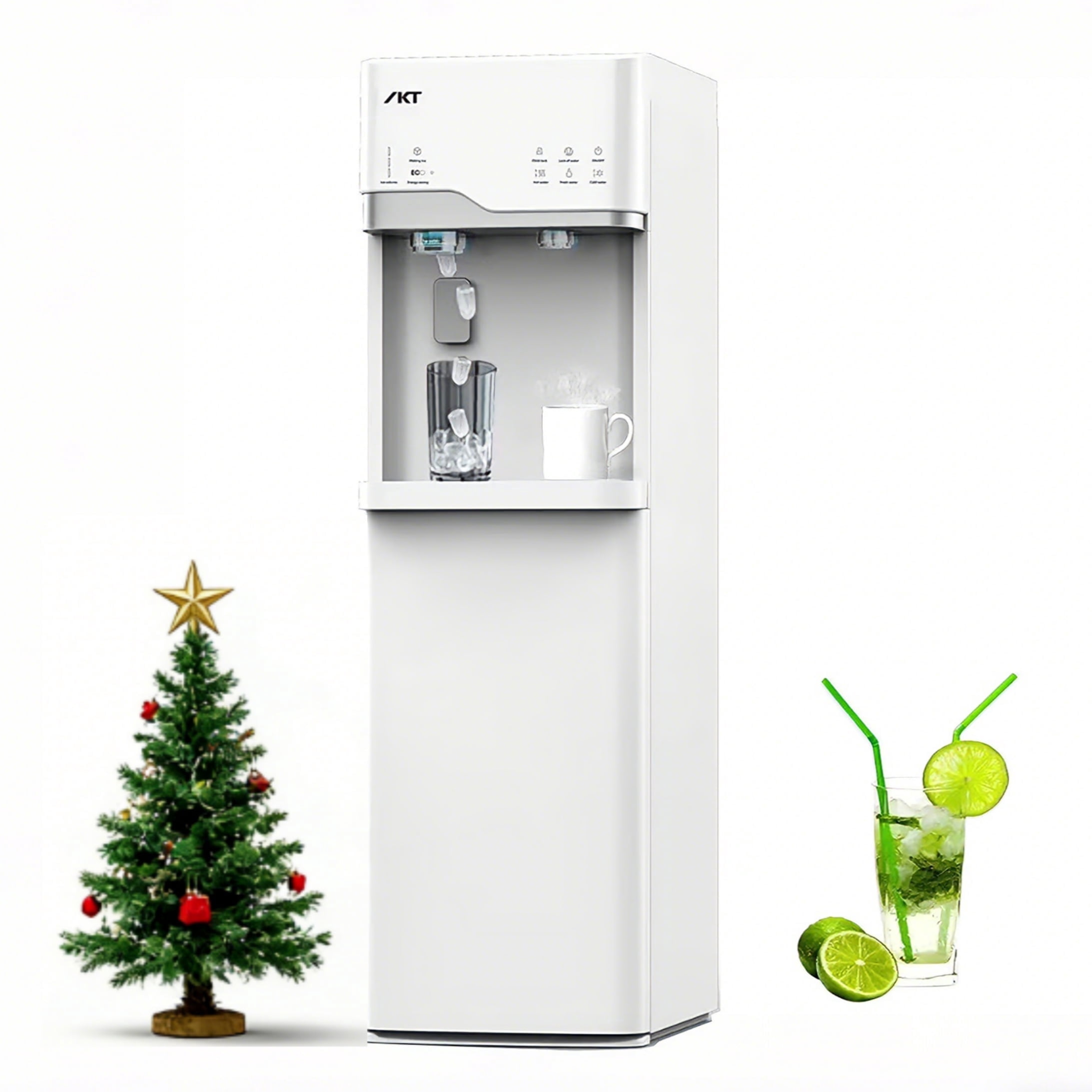 IKT Self Cleaning 5 Gallon Bottom Load Water Dispenser with Ice Maker ，22lbs Daily Capacity，3-Temp（Hot/Room/Cold），Child Safety，Lock Empty Bottle Light，White
