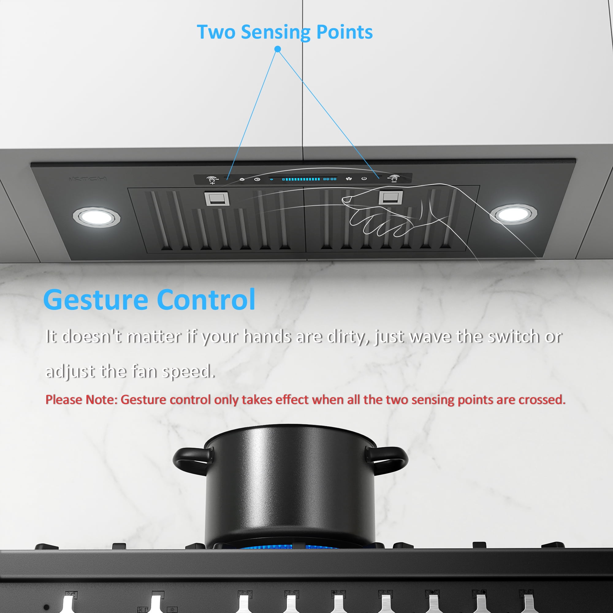 IKTCH 30 Inch Under Cabinet Range Hoods with 900-CFM, 4 Speed Gesture  Sensing&Touch Control Panel, Stainless Steel Kitchen Hood Vent with 2 Pcs  Baffle Filters,C01-30 