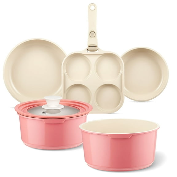 7Pcs Non Stick Aluminum Ceramic Pots and Pans Set, Cookware Set with Detachable Handle, Pink