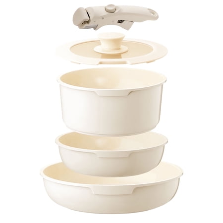 5 Piece Aluminum Ceramic Nonstick Cookware Set Detachable Handle Stackable for RV Cream White IKTU