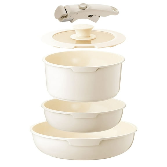 5 Piece Aluminum Ceramic Nonstick Cookware Set Detachable Handle Stackable for RV Cream White IKTU
