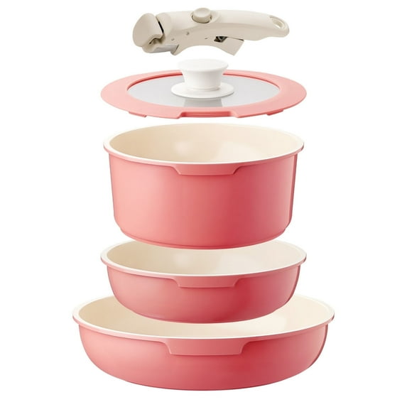5Pcs Nonstick Aluminum Ceramic Cookware Set, Induction Kitchen Pots and Pans Set with Removable Handle, Pink