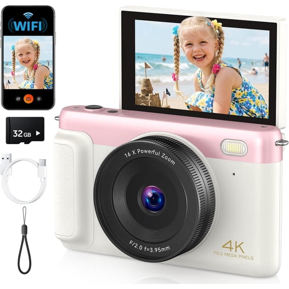 SHARECLOUD Digital Camera 4K 75MP Vlogging Camera for YouTube, 3''180Flip Screen, 16X Zoom Autofocus, 32GB SD Card, Video Cameras for Beginners