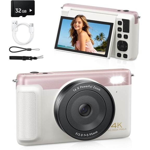SHARECLOUD Digital Camera 4K 75MP, 16X Zoom Autofocus & 180Flip Screen, 32GB SD Card, Wi-Fi, White