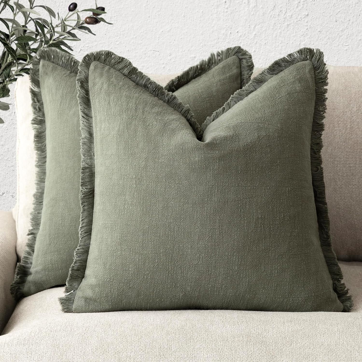 ILANKTOZI 18" x 18" Olive Green Solid Print Linen Fringe Throw Pillow Covers (2 Count)