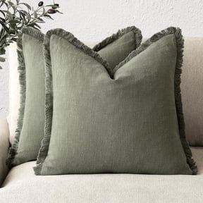 ILANKTOZI 18" x 18" Olive Green Solid Print Linen Fringe Throw Pillow Covers (2 Count)