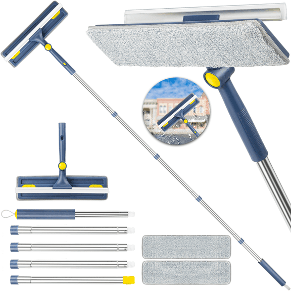 ILAVCLEAN Window Squeegee with Extension Pole 63 inches Window Squeegee with Scrubber Long Handle for Shower Glass 2-in-1 Window Cleaner Washing Kit Tool with 2 Pads