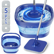 ILAVCLEAN Spin Mop and Bucket with Wringer Set for Floors, Collapsible Bucket with handle and Flat Wall mop with 5 Microfiber Pads