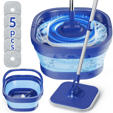 SUGARDAY Spin Mop and Bucket with Wringer Set for Floors, Collapsible Bucket with handle and Flat Wall mop with 5 Microfiber Pads