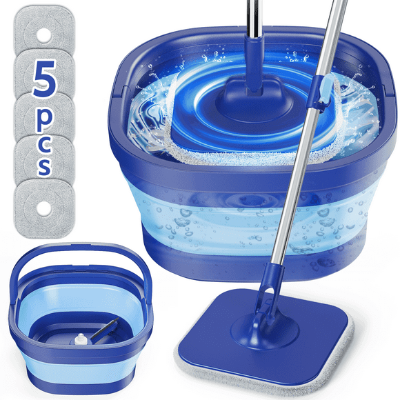 SUGARDAY Spin Mop and Bucket with Wringer Set for Floors, Collapsible Bucket with handle and Flat Wall mop with 5 Microfiber Pads