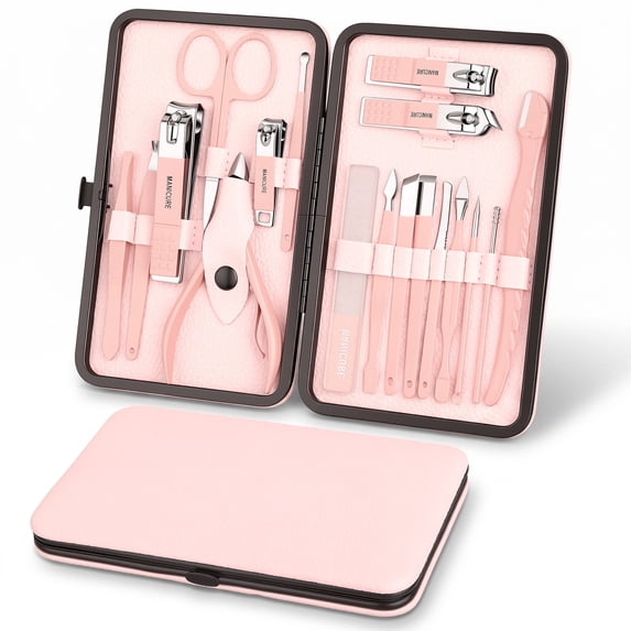 ILAVYO 18Pcs Manicure Set, Stainless Steel Nail Care Kit with Nail Clippers, Grooming Tools and Travel Case, Peach Pink