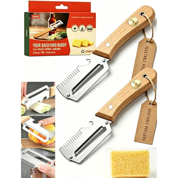 ILHHTCN Multifunctional Vegetable Peeler Slicer Stainless Steel Knife with Bottle Opener, 3 in 1 Zero Snag Wooden Handle Julienne Slicer Shredder, Kitchen Tool for Potato Carrot Scallion Fruit