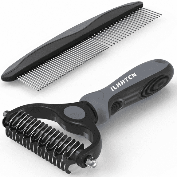 ILHHTCN Pet Grooming Tool Kit, 2-in-1 Undercoat Rake Deshedding Brush with Stainless Steel Metal Comb Set, Safe Dematting Tool for Matted Long Hair Dogs, Cats, Double Coated Pets Blue