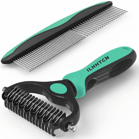 ILHHTCN Pet Grooming Tool Kit, 2-in-1 Undercoat Rake Deshedding Brush with Stainless Steel Metal Comb Set, Safe Dematting Tool for Matted Long Hair Dogs, Cats, Double Coated Pets Blue