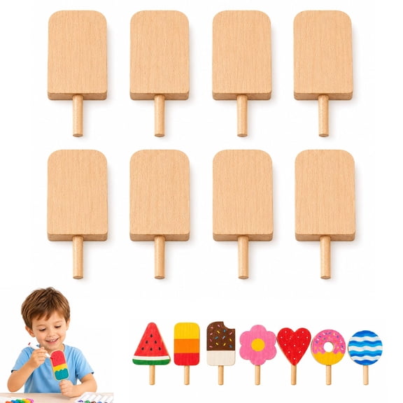 ILHHTCN Wooden Popsicles for Crafts, 7 Shapes DIY Unfinished Wooden Ice Cream Cutouts, Blank Beech Wood Painting Craft Kit for Coloring Staining Engraving, Summer Party Centerpieces Decor