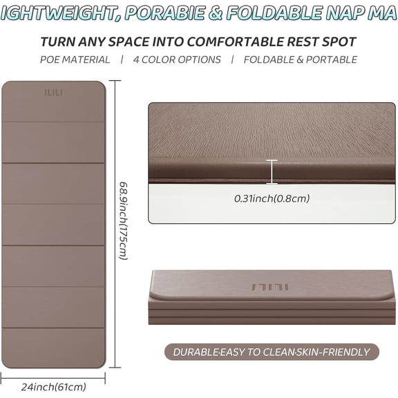 ILILI Foldable Yoga Mat 71"x24"x0.3" - TPE Non-Slip Exercise Mat for Home Gym, Waterproof Lightweight Fitness Mat for Pilates, Stretching & Daily Fitness Workouts (Brown)