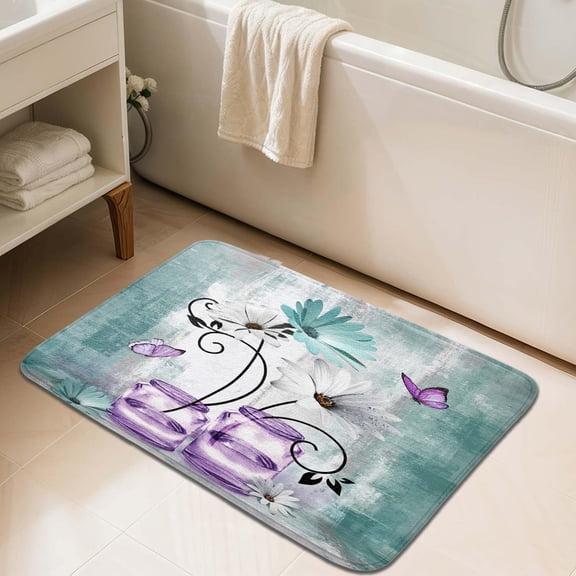 ILIPS Purple Teal Floral Bathroom Rug Mat,Rustic Farmhouse Daisy Flowers Butterfly Abstract,Turquoise Blue Violet Flannel Non Slip Kitchen Rugs Shower Bathtub Sink Doormat,19X31in